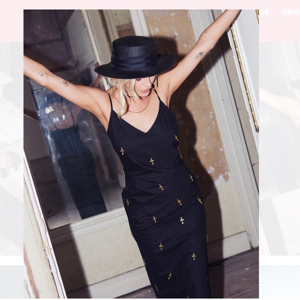 RARE.  Never Fully Dressed Black Midi Slip Dress with Gold Cross Detail